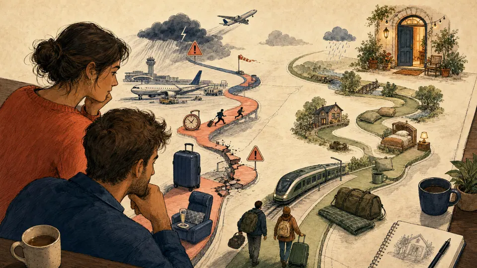 Couple comparing a fast fragile airport path with a slower buffered rail path toward the same destination