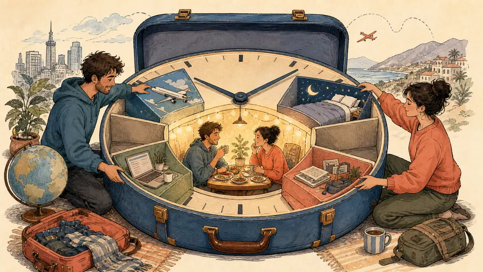 Partners unpacking a suitcase-shaped clock and preserving a central shared meal after work transit and sleep blocks
