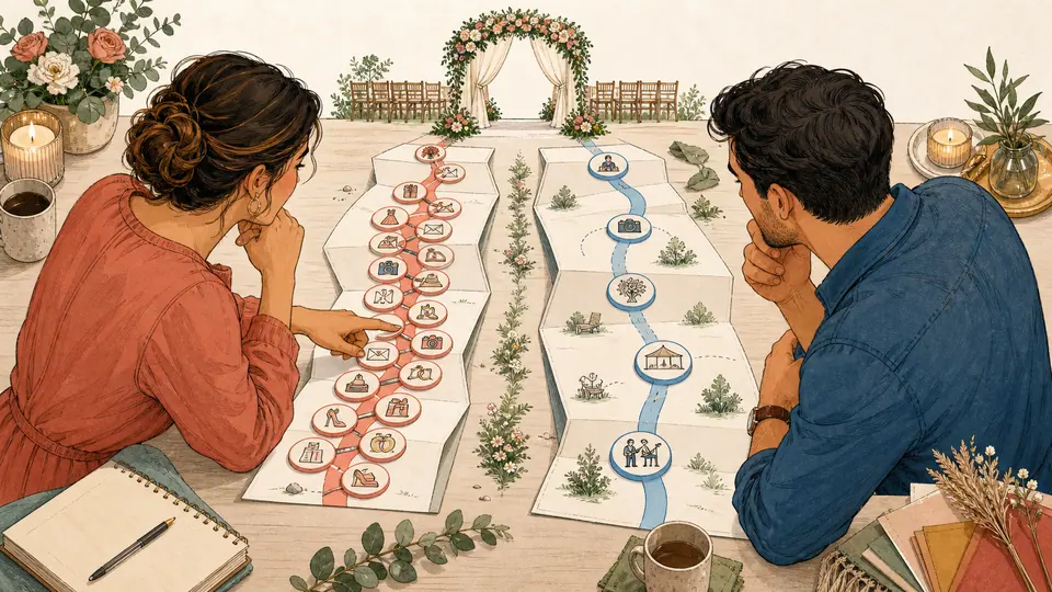 Couple examining two different planning paths toward the same wedding ceremony