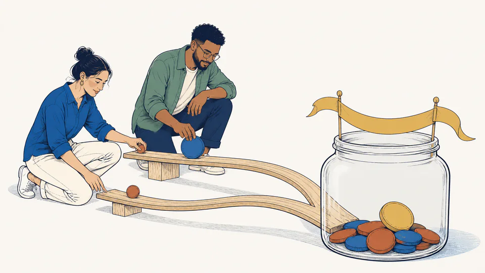 Editorial illustration of two people rolling different-sized coins along separate curved tracks into a shared glass horizon jar marked only by a simple finish ribbon