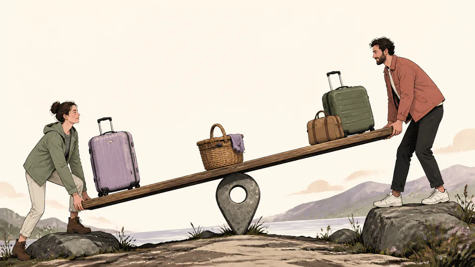 Editorial illustration of two travelers holding opposite ends of an uneven picnic table that pivots between two map pins, with luggage used as counterweights