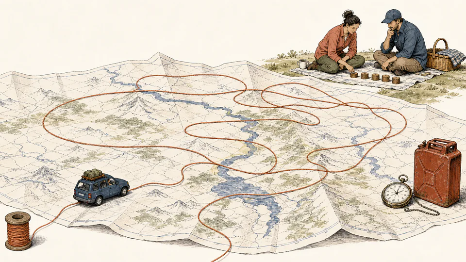 Editorial illustration of a tiny car unspooling a long red thread around a paper globe while two travelers count loops from a picnic blanket