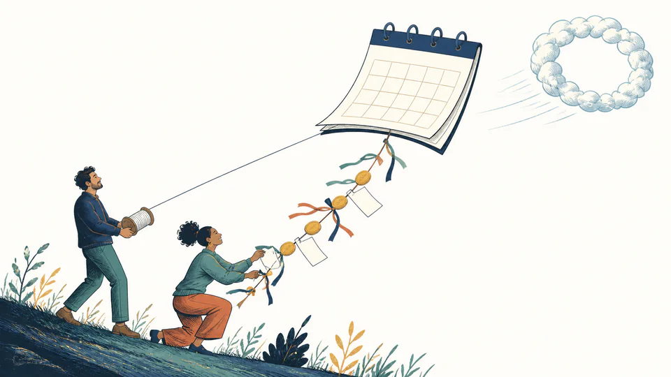 Editorial illustration of two people pulling a calendar kite toward a numbered cloud while coins and spare reservation tickets act as ballast