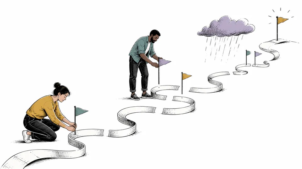 Editorial illustration of two people planting small flags along a winding ribbon calendar while one blank flag waits beyond a rain cloud
