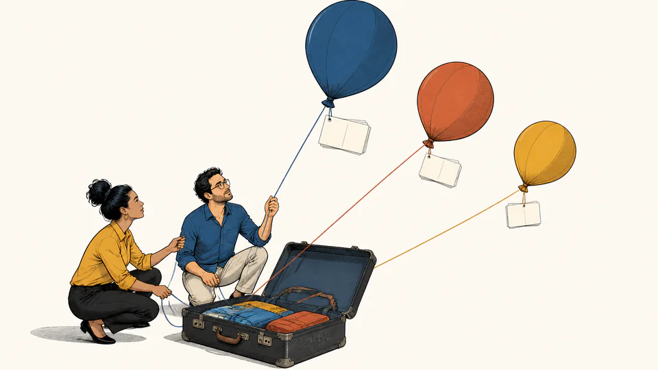 Editorial illustration of three differently inflated travel balloons tethered to the same small budget suitcase while two people choose how many postcards to carry