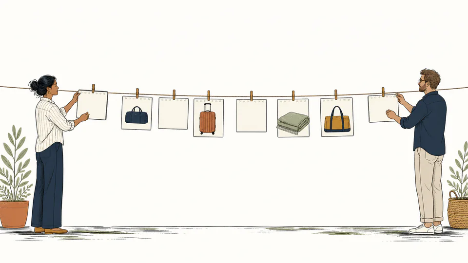 Editorial illustration of two people sliding transparent calendar tiles along a clothesline while leaving deliberate empty spaces between packed travel bags