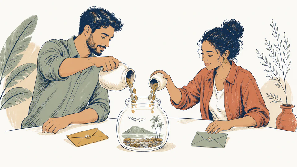 Editorial illustration of two people pouring differently sized jars into one transparent travel fund while keeping two small personal envelopes beside it