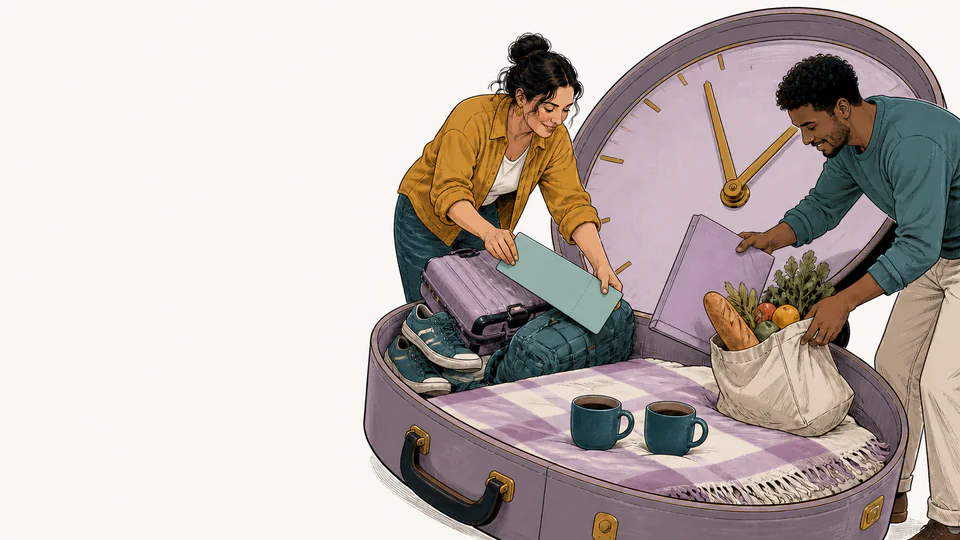 Editorial illustration of two people opening a suitcase shaped like a clock and gently removing work papers, transit tickets, and chores to reveal a quiet picnic space