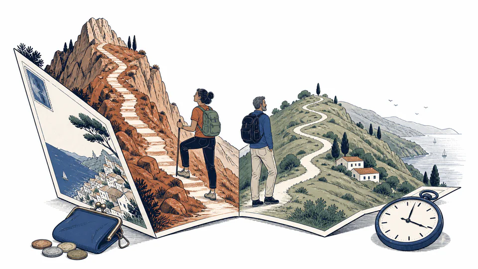 Editorial illustration of two travelers testing different paths through a giant folded postcard, one short and steep and one long and calm