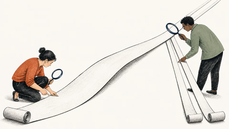 Editorial illustration of two receipts unrolling at different slopes and crossing beneath two people holding magnifying glasses