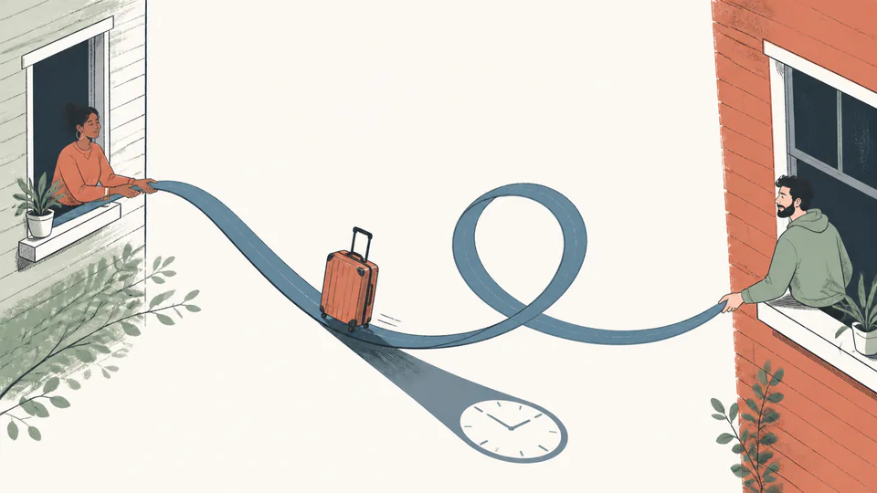 Editorial illustration of two distant windows connected by a looping travel ribbon carrying a suitcase and clock