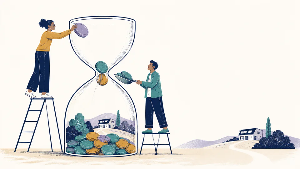Editorial illustration of two people feeding differently sized coins into one transparent hourglass-shaped savings vessel