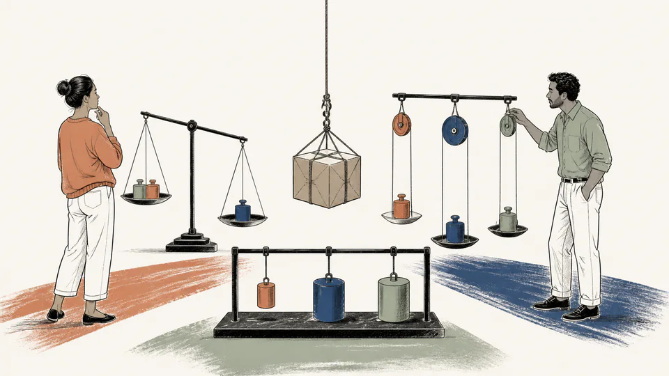 Editorial illustration of one shared parcel placed on three different balancing devices operated by two people