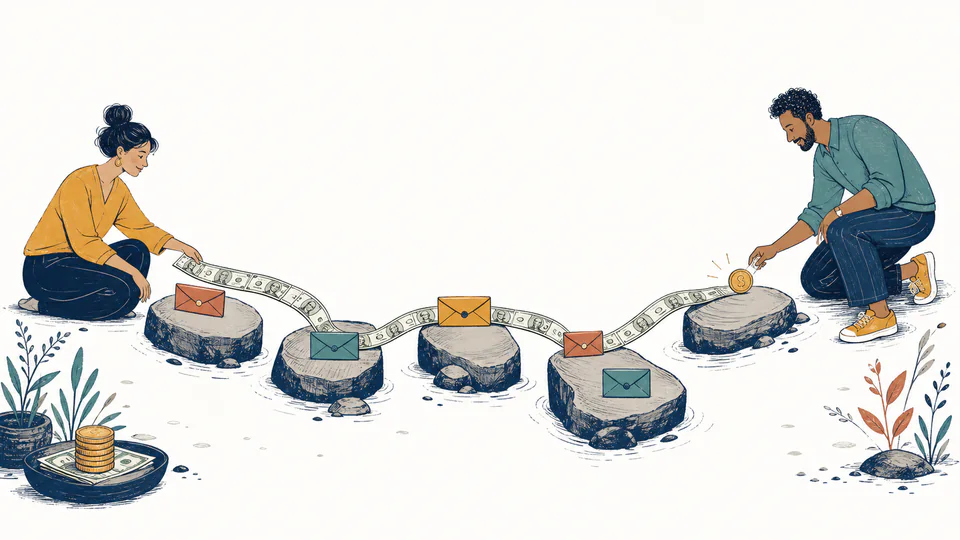 Editorial illustration of banknotes crossing stepping stones labelled by parts of a month while bills wait on each stone