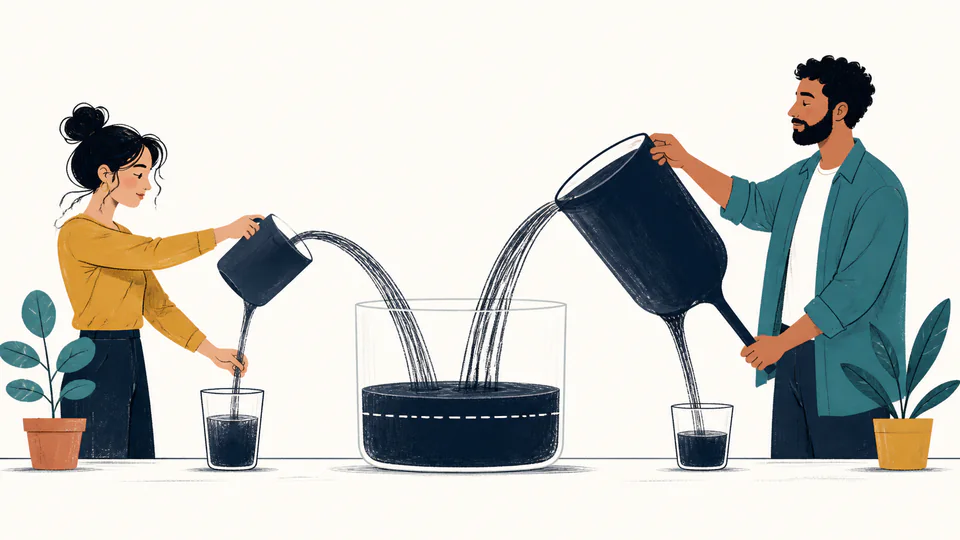Editorial illustration of two people pouring different streams into one vessel after filling two personal cups