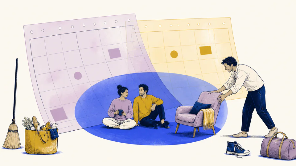 Editorial illustration of two calendars casting one overlapping pool of light while chores and a solo chair remain at its edge