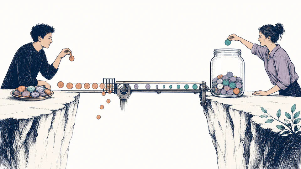 Editorial illustration of coins passing through a narrow exchange sluice into a distant labelled savings jar while another hand deposits locally