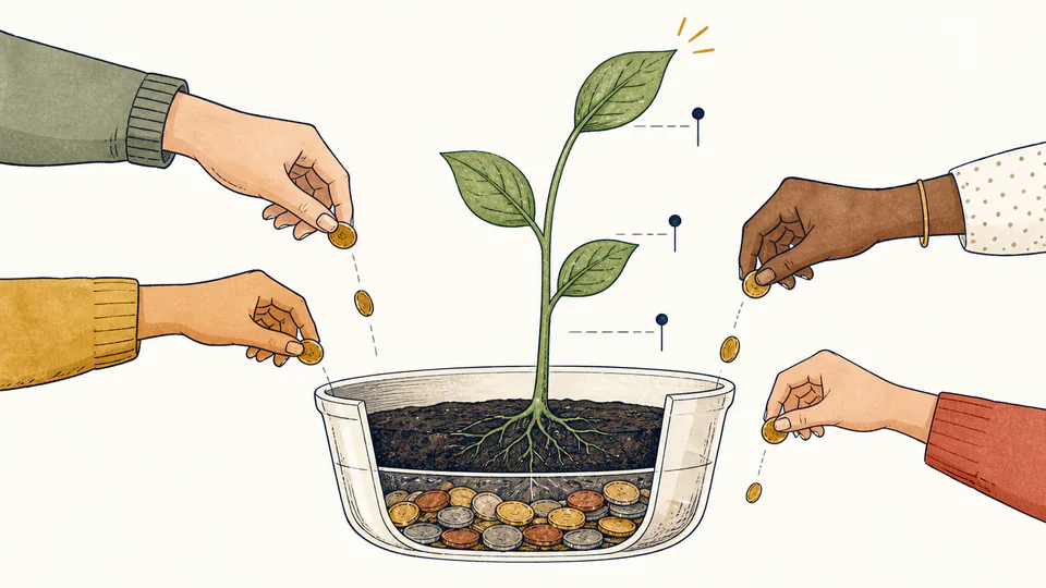 Editorial illustration of a transparent growing plant whose three leaves align with savings markers while several hands water the pot