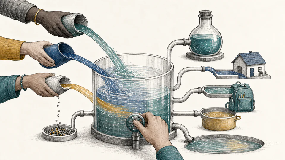Editorial illustration of three differently shaped streams entering a clear reservoir with separate reserve and goal outlets