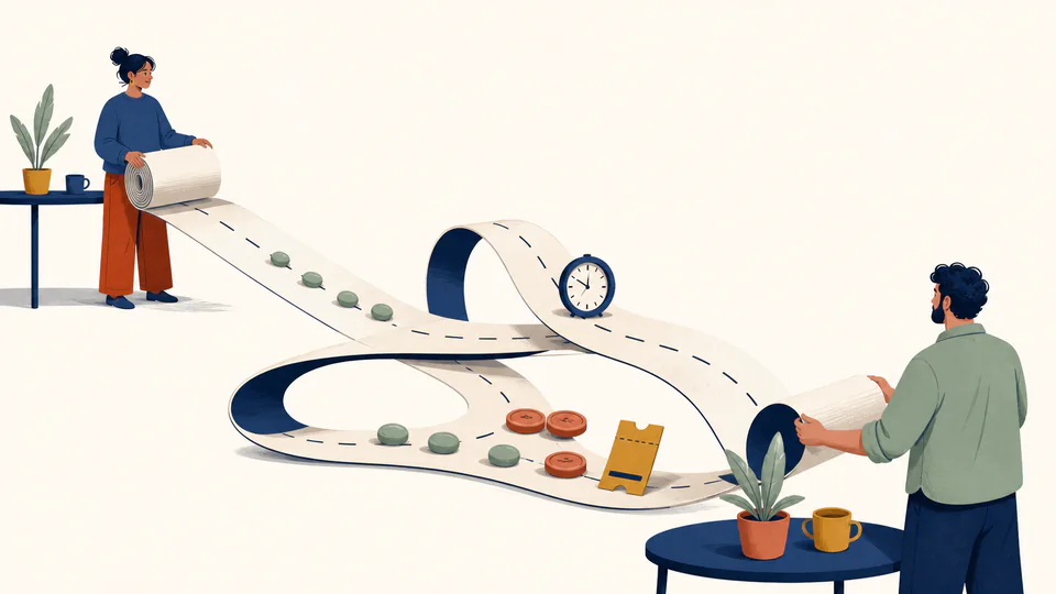 Two partners roll a long paper route between distant tables while mileage beads, a small clock, and parking tokens collect along the edge