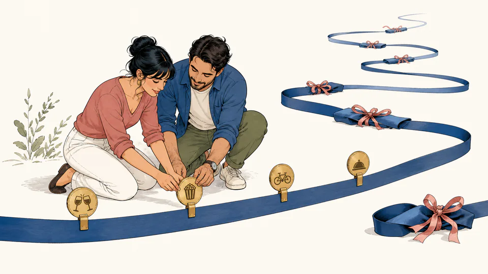 A couple attaches four differently sized brass markers to a winding evening ribbon while blocked dates appear as folded-away sections