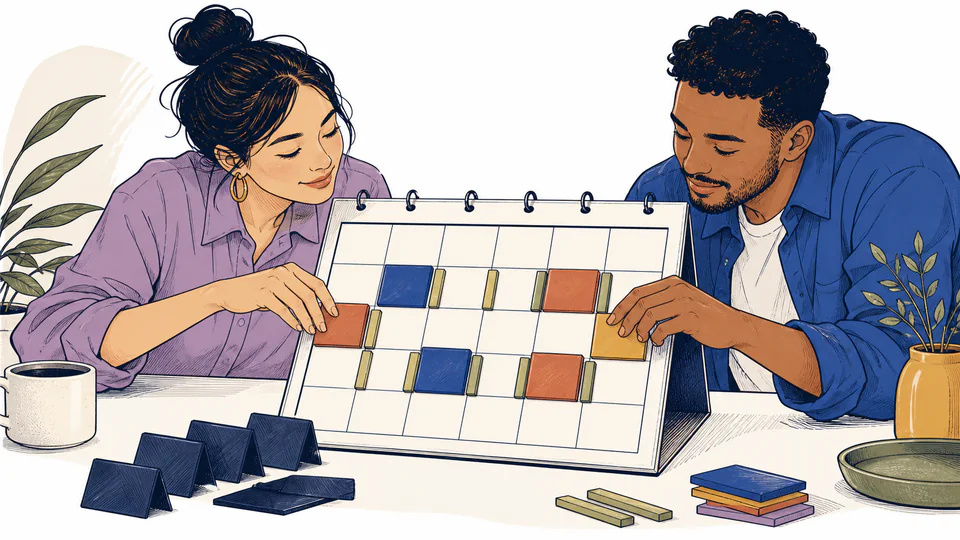 Two partners fit movable evening tiles into an open calendar frame while blocked tiles and rest spacers are stacked visibly beside it