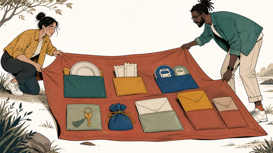 Two adults unfold a picnic blanket whose stitched pockets reveal food, tickets, transport, care, contingency, and two contribution envelopes