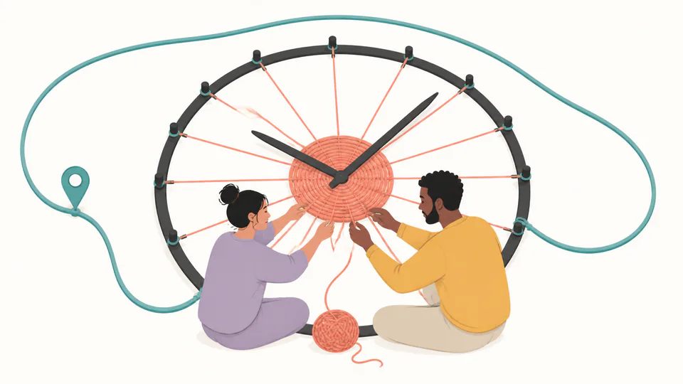Two partners wind a shared thread around a clock-shaped loom while a separate travel cord runs outside the focused center