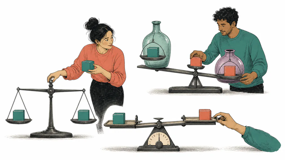 Two partners adjust three differently shaped balance scales labeled only by visual symbols for equal cash, proportional burden, and their own proposal
