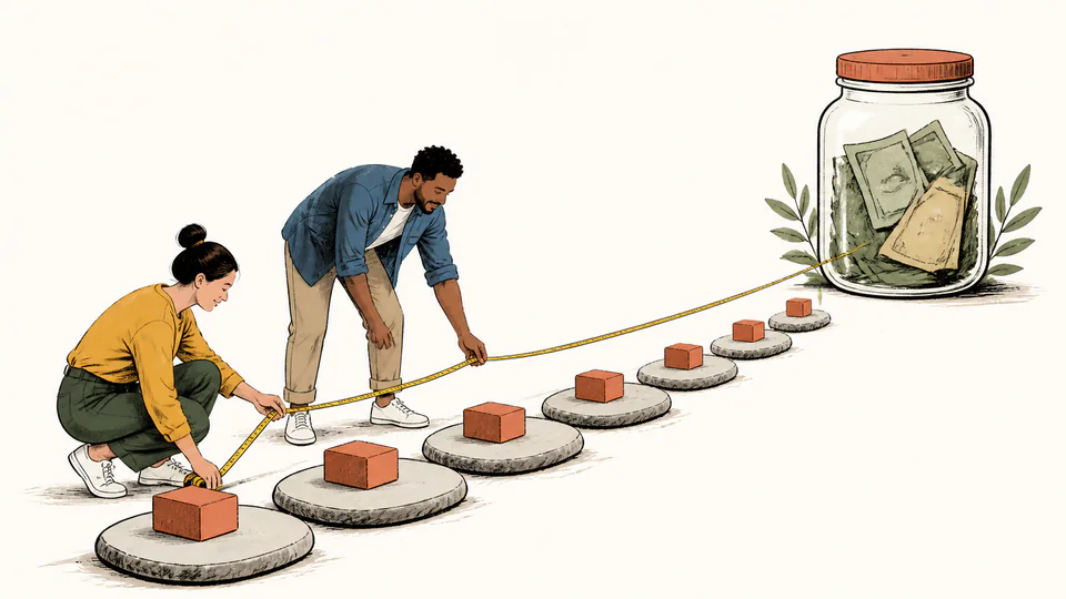 Two people pull a measuring tape backward from a labeled but text-free goal jar to evenly spaced monthly stepping stones