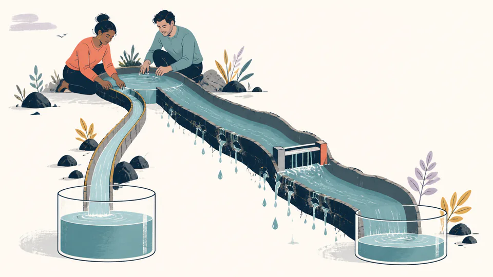 Two partners test separate hand-built waterways carrying savings coins, one steady and one faster but leakier, into transparent end reservoirs