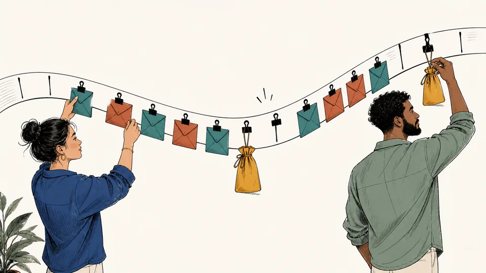 Two people clip alternating deposit envelopes onto a long ribbon calendar while two missing clips and one withdrawal pouch remain visibly marked