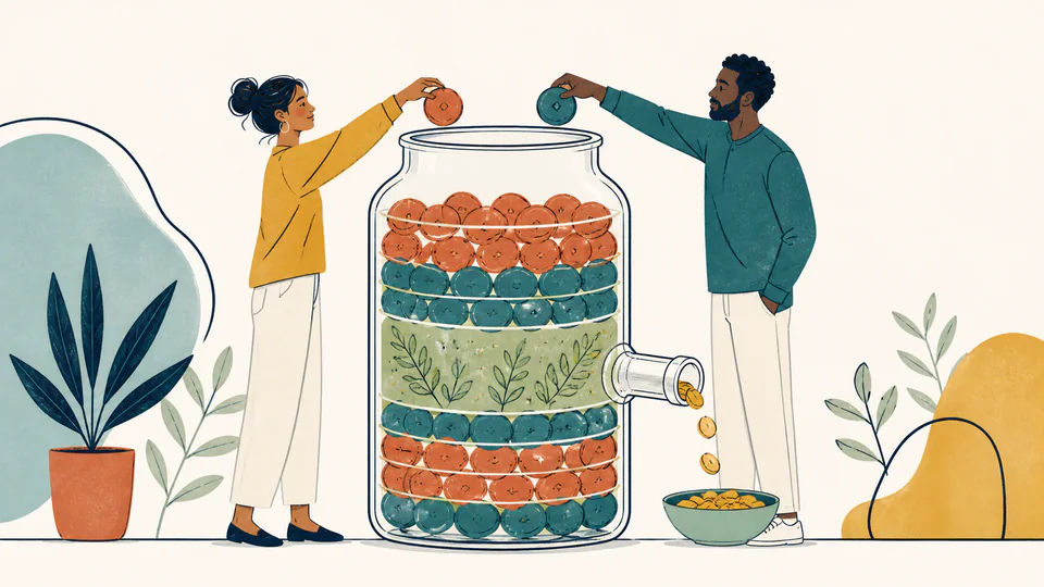 Two adults feed differently colored monthly tokens into a transparent glass vessel whose growth rings mark completed calendar months
