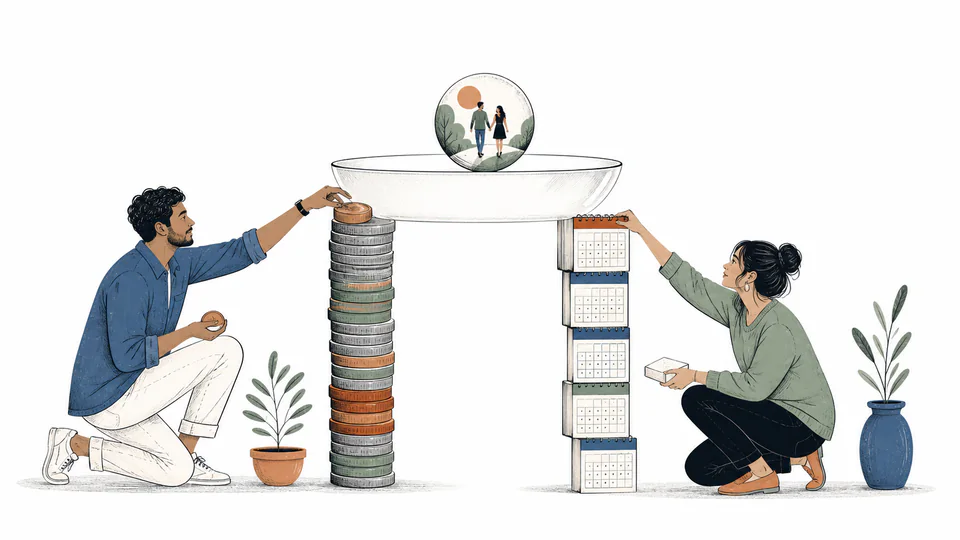 Two partners placing coins and calendar blocks into the same clear jar marked for protected dates