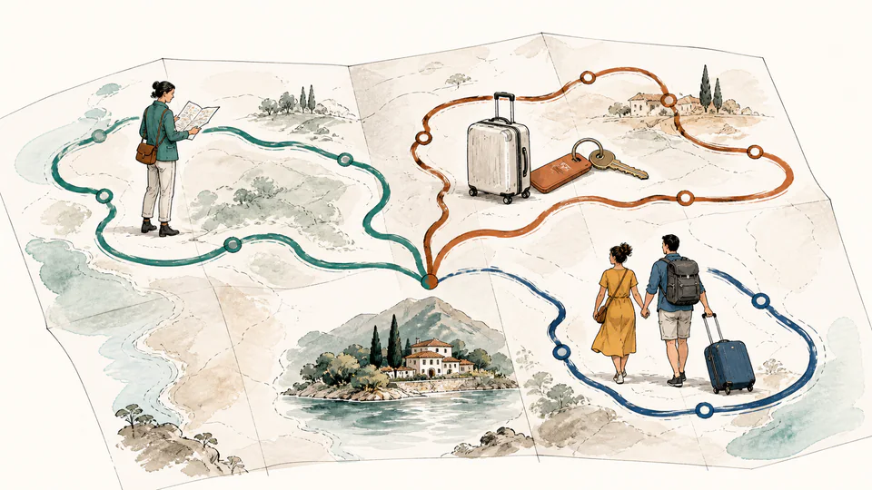 A route map folded into three distinct trips ending at a quiet proposal location with hotel and permit markers