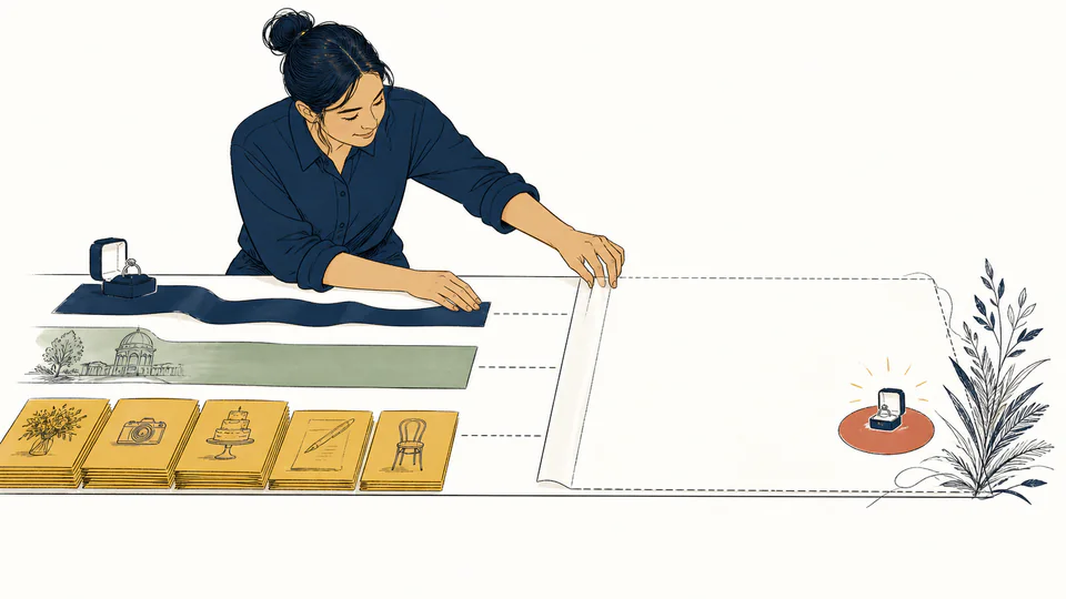 Person aligning a ring box, location permit, and task cards before a protected blank calendar strip