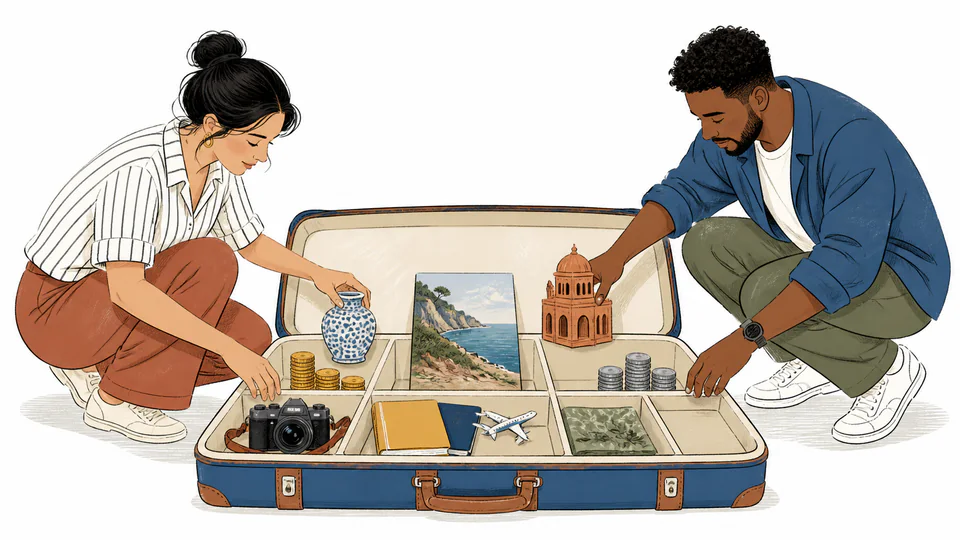 Two people funding different labeled compartments of one proposal case while a contingency pocket remains visible