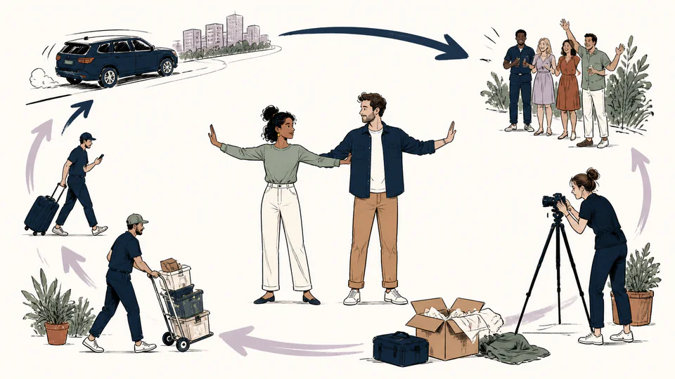 A couple holding a quiet open space while transit arrows, camera equipment, setup boxes, and celebration guests remain outside it