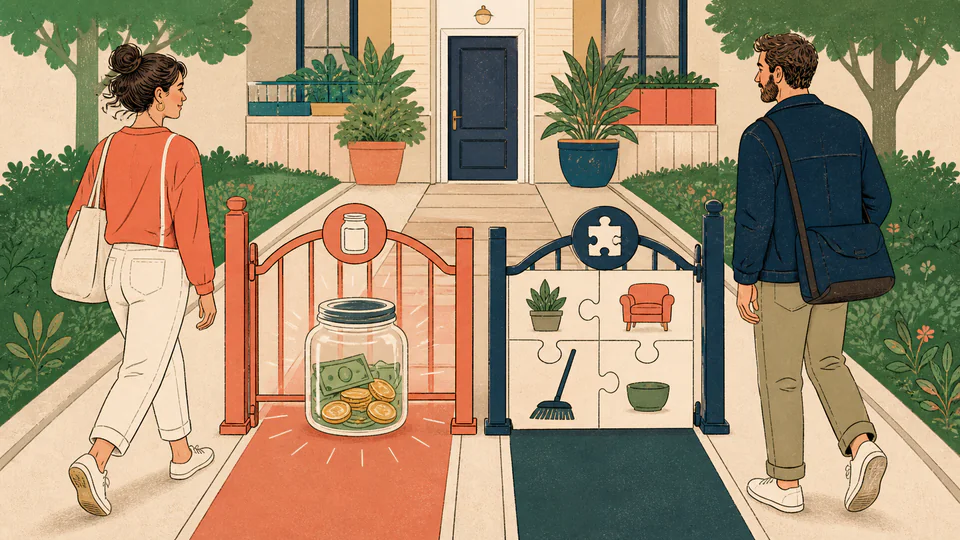 Editorial illustration of two partners approaching a shared doorway only after a savings jar and a practical checklist each reach their own finish line