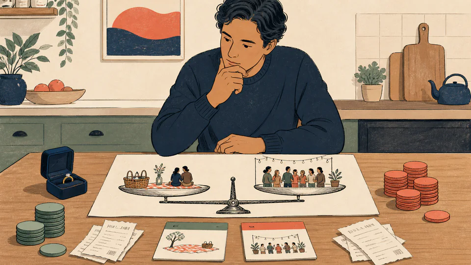 Editorial illustration of a person at a kitchen table weighing two distinct proposal plans, one intimate and one elaborate, with receipts and a ring box nearby