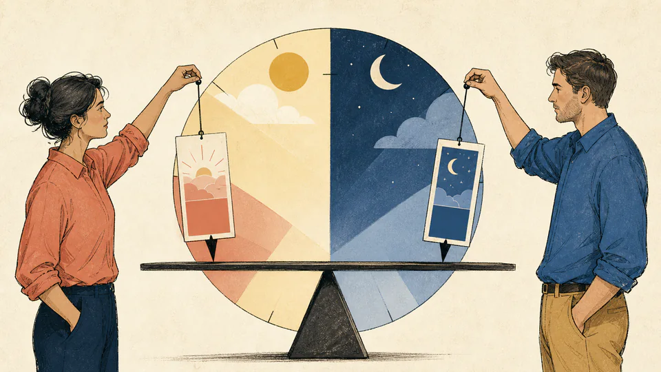 Editorial illustration of two partners comparing two call cards across a circular day, with each card showing a different midpoint and balance beam