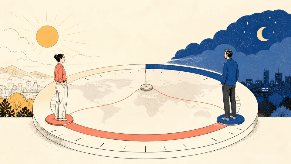 Editorial illustration of two people standing on opposite arcs of a large 24-hour clock while a single UTC thread reaches their different local windows