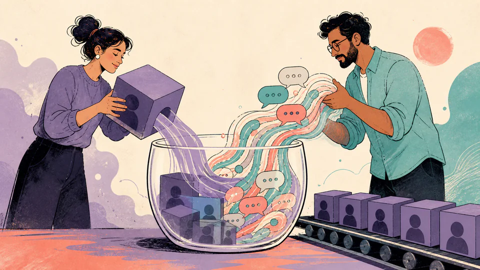 Editorial illustration of two partners combining solid live-call blocks and lighter message ribbons into one transparent goal vessel with clearly different weights