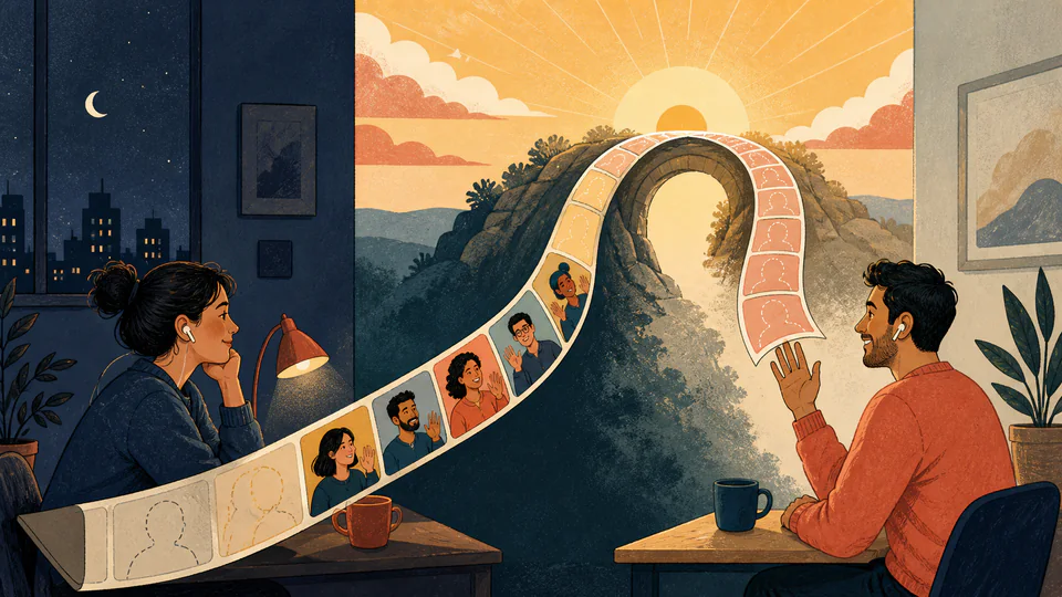 Editorial illustration of two partners in different rooms placing completed video-call tiles along one shared milestone path that crosses a night-to-day boundary