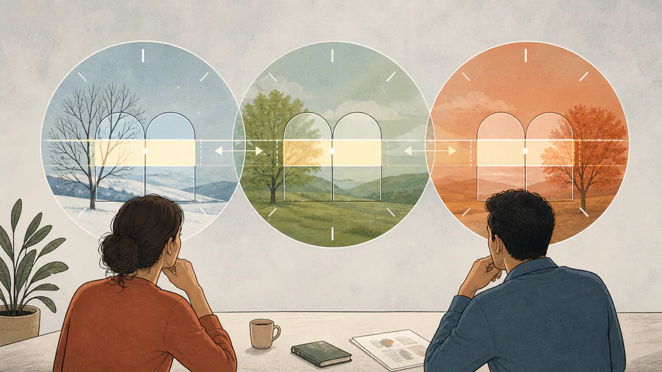 Editorial illustration of two partners watching three transparent clock seasons slide across the same pair of local availability windows