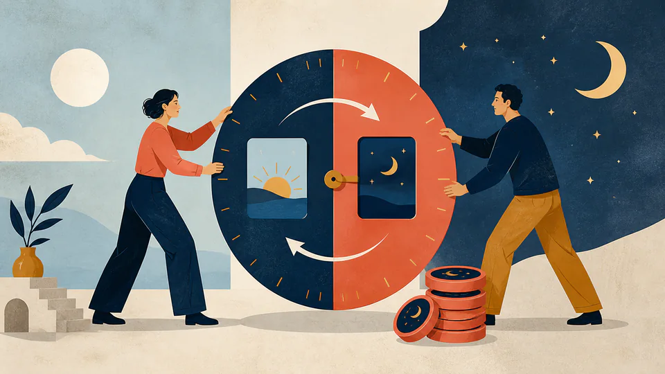 Editorial illustration of two partners turning a split clock wheel so early and late call cards alternate between their sides instead of staying on one person