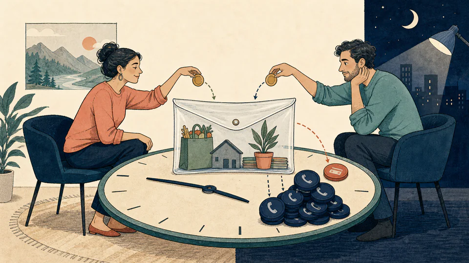 Editorial illustration of two partners on opposite sides of a clock-shaped table sharing a transparent budget envelope while one side carries more late-night call tokens