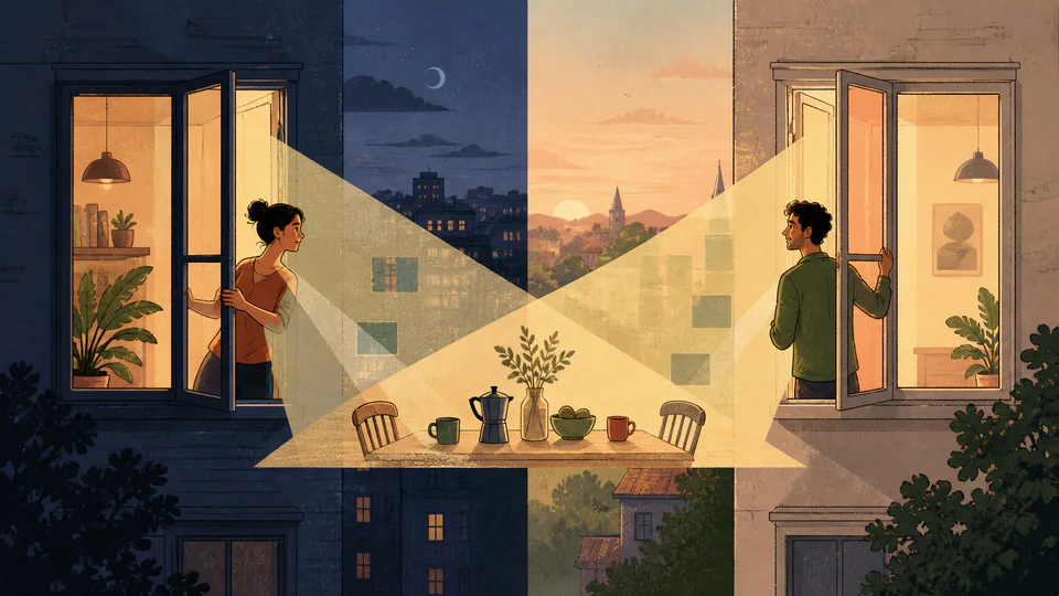 Editorial illustration of two partners opening windows in different night and morning scenes, with the overlapping lit segment forming a shared table between them