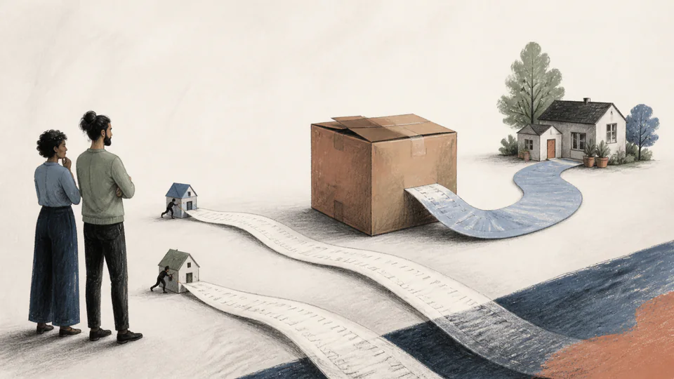 Two small homes and one shared home cast cost ribbons that meet after a moving box