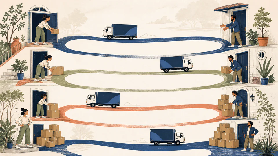 A small moving truck traces repeated loops between two doorways while boxes accumulate by trip